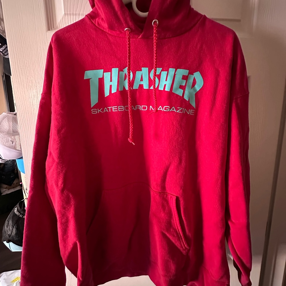Thrasher Red Hoodie with Blue Logo